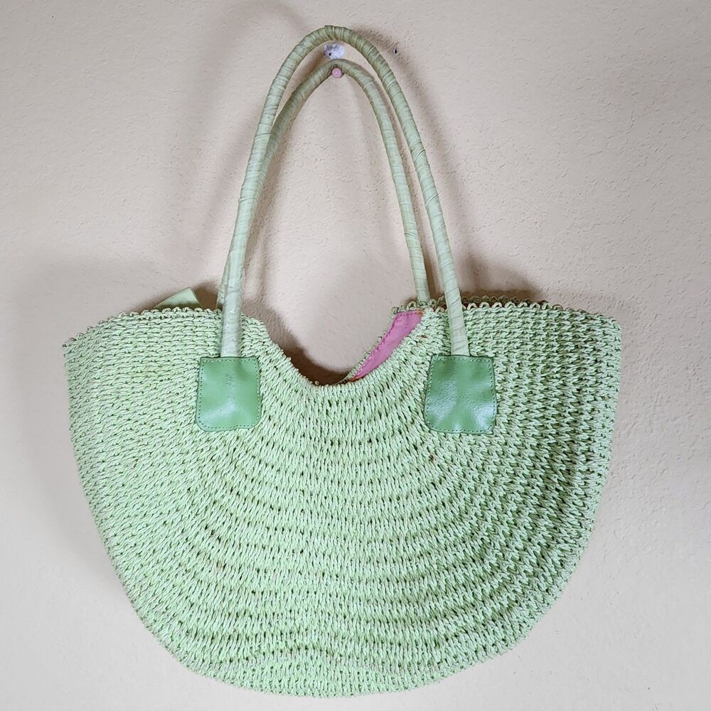 Donna Dixon lime green Half Moon Straw Bag Wicker‎ Basket Purse Lined Boho Beach